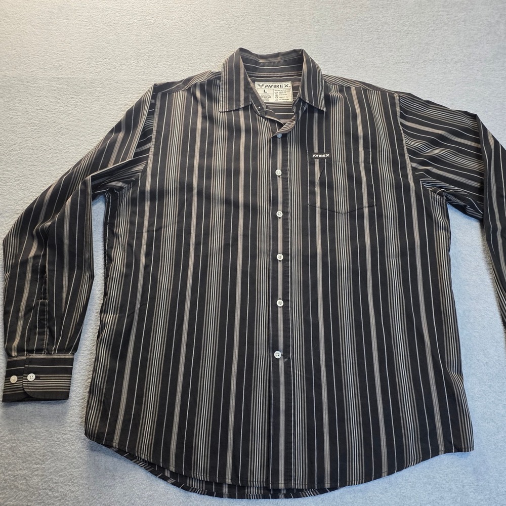 Avirex‎ Mens Long Sleeve Striped Button Down Shirt Black Grey Large Y2K Vintage
